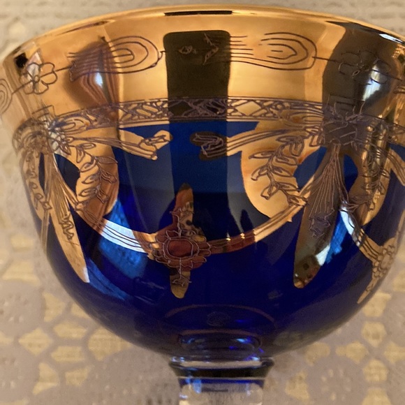 SC LINE Cobalt Blue 24K Gold Swags Goblet Mouth Blown and Hand Decorated Italy - Picture 5 of 8